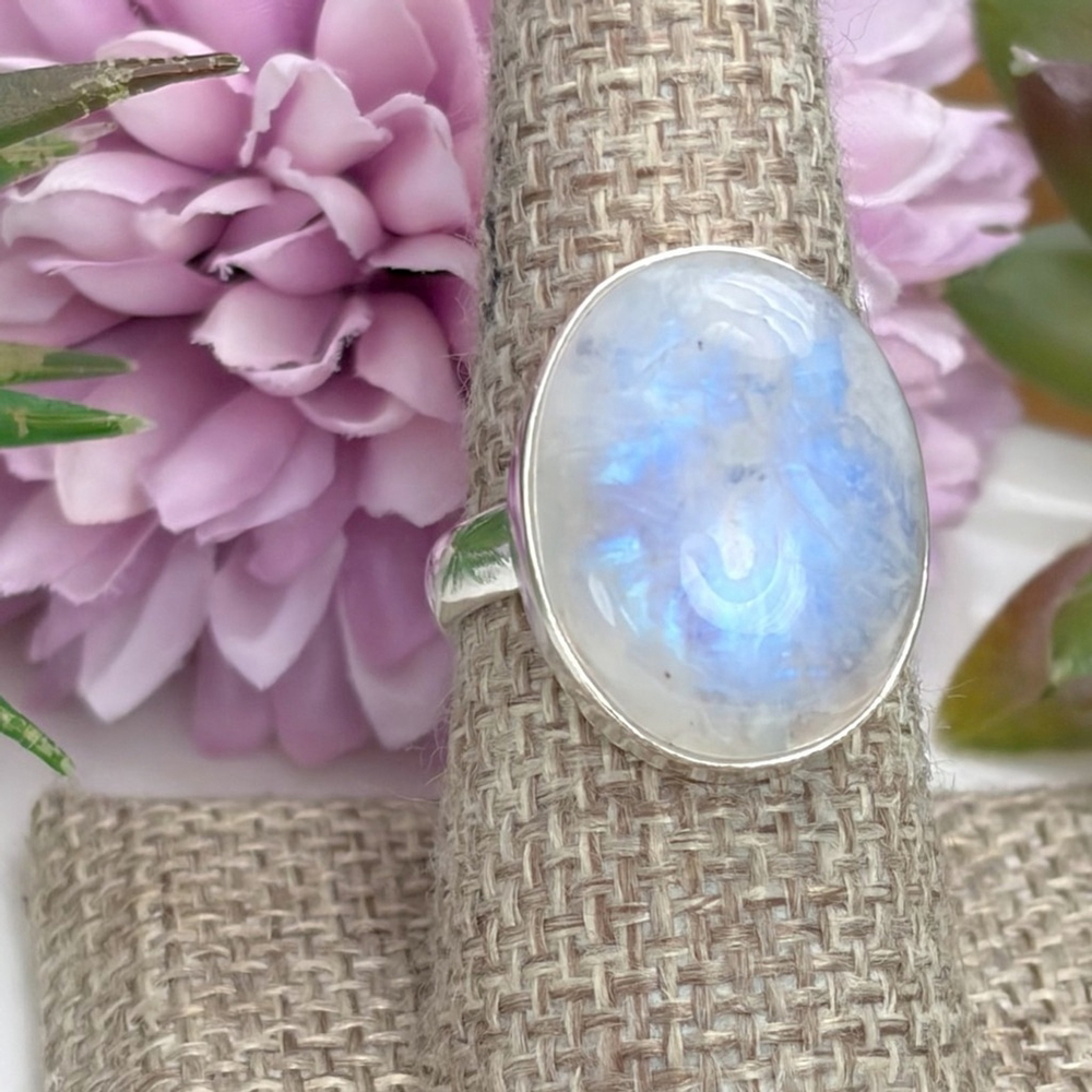 Rainbow Moonstone Gemstone Ring Size 8 1/2 8.5 Pure Sterling Silver 925 Boho New